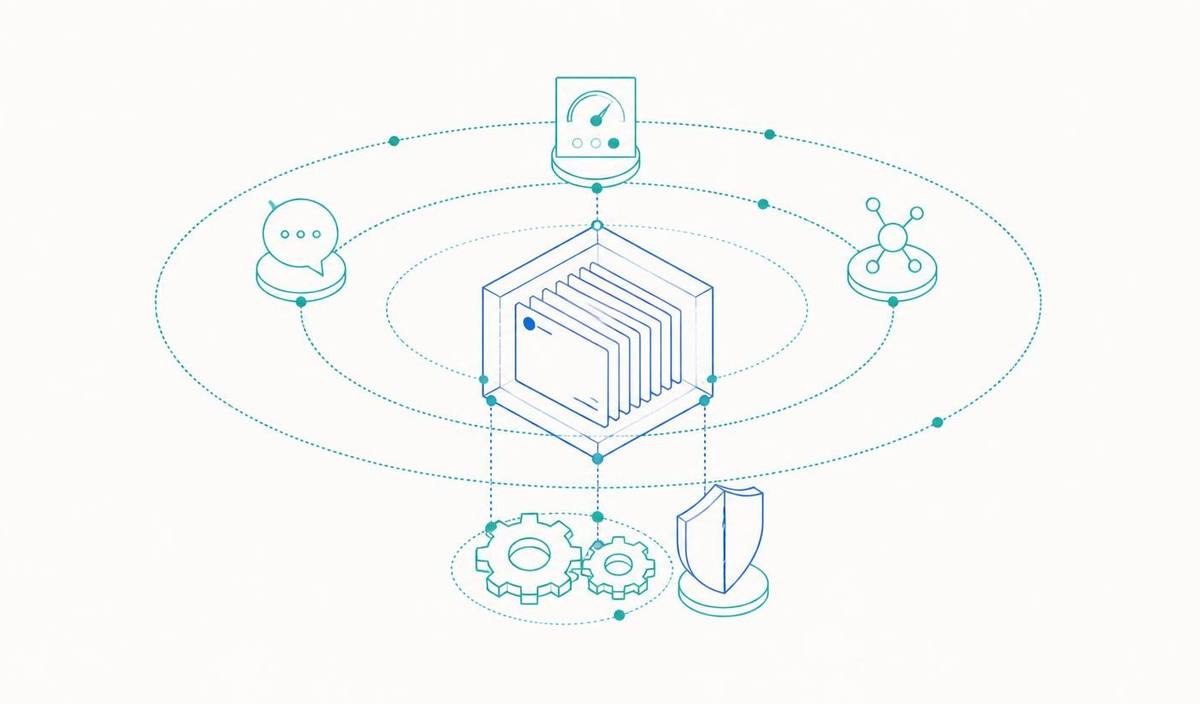 Illustration: a research repository at the center, connected to a chat agent, a scoring agent, and synthesis workflows above, and to automation and governance below